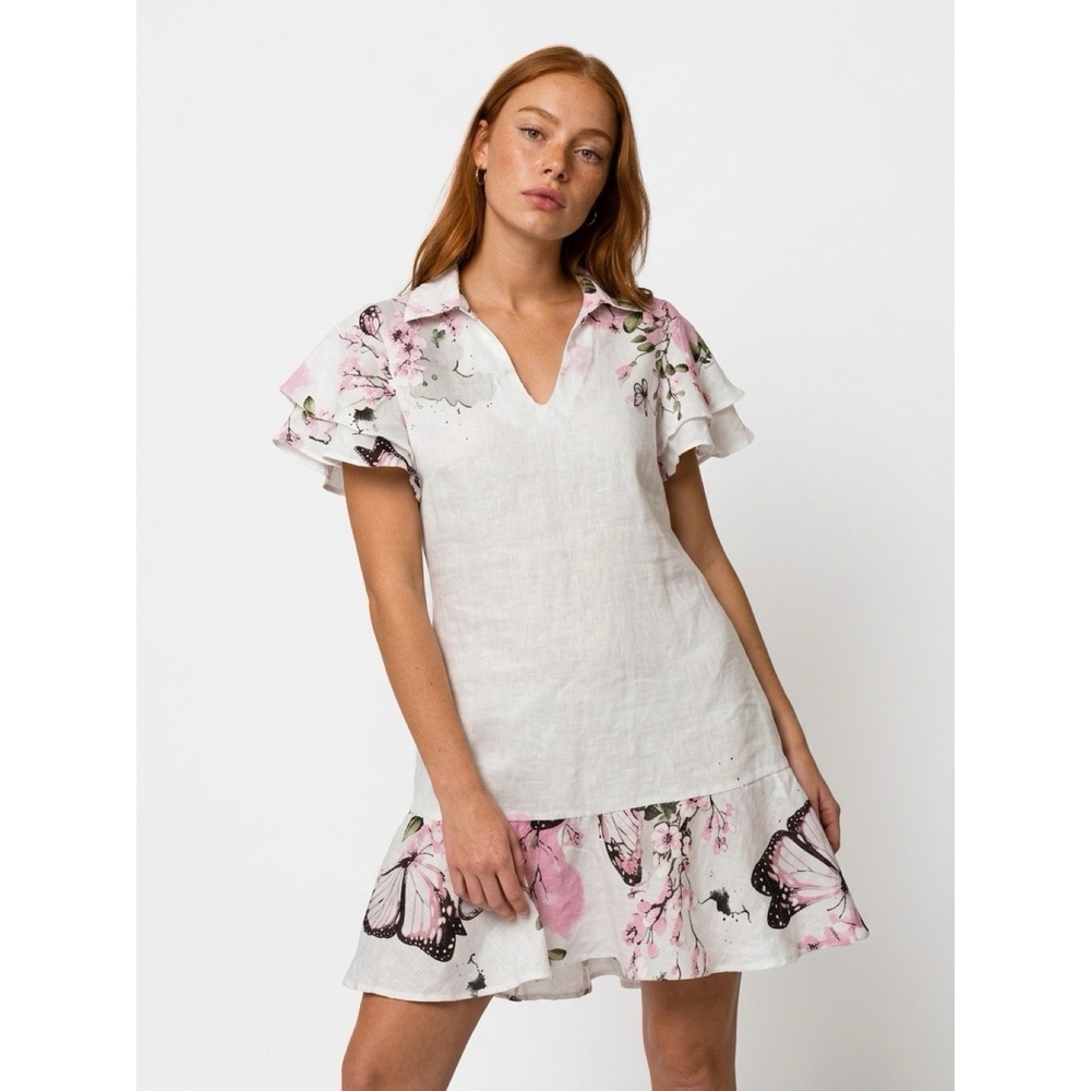 Made In Italy Relax Dress 100% Linen Artists Tunic Size L Front Pockets (10-b68